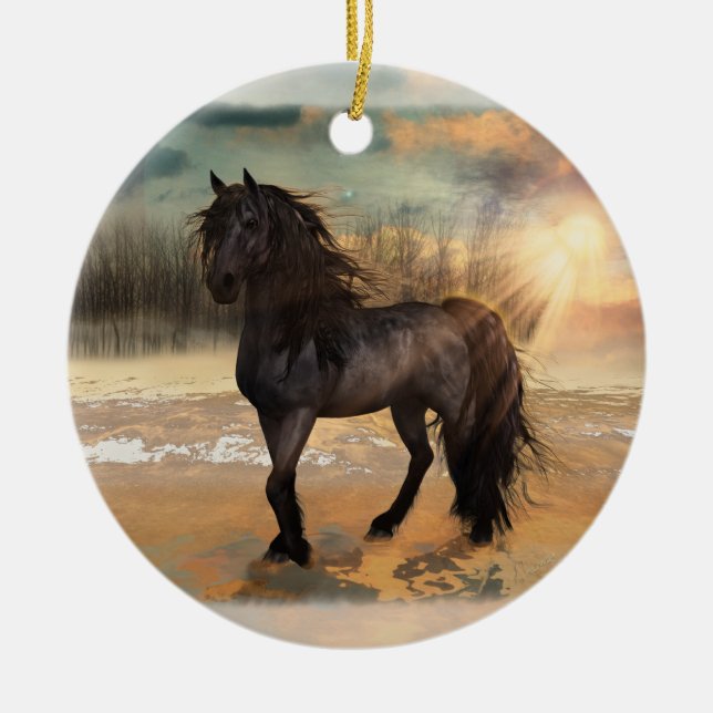 Adorno De Cerámica Foggy Friesian Morning Horse personalizable (Frente)