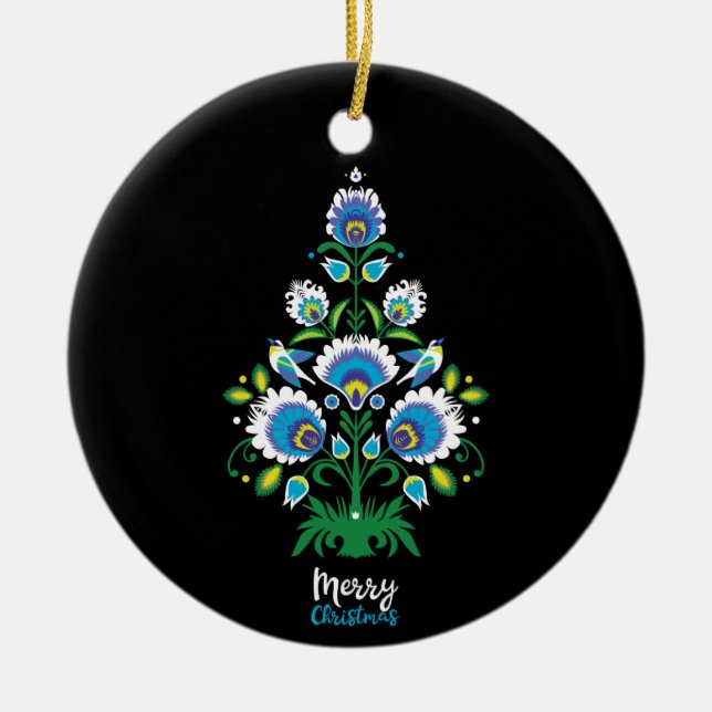 Adorno De Cerámica 🎄 folclore del árbol de Navidad [blanco, azul] (Frente)