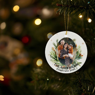 Adorno De Cerámica Foliage verde deja foto de familia Feliz Navidad