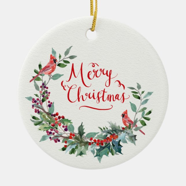 Adorno De Cerámica Follaje Navidad, hueso, cardenal (Frente)