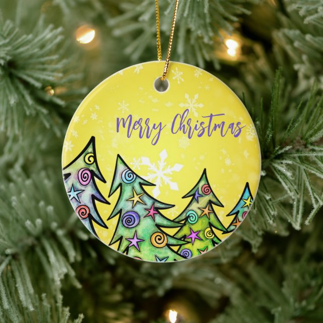 Adorno De Cerámica Fondo Amarillo Con Copos De Nieve Y Árbol De Navid (Árbol)