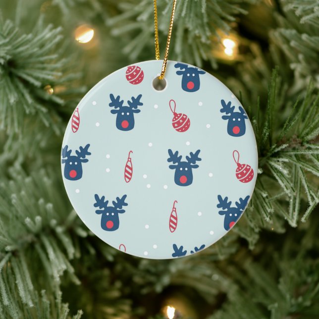 Adorno De Cerámica Fondo Azul con Rudolph y bolas de Navidad (Árbol)