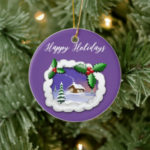 Adorno De Cerámica Fondo morado con árbol de Navidad, casa