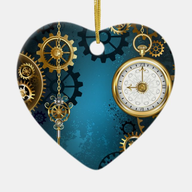 Adorno De Cerámica Fondo turquesa de vapor con engranajes (Frente)