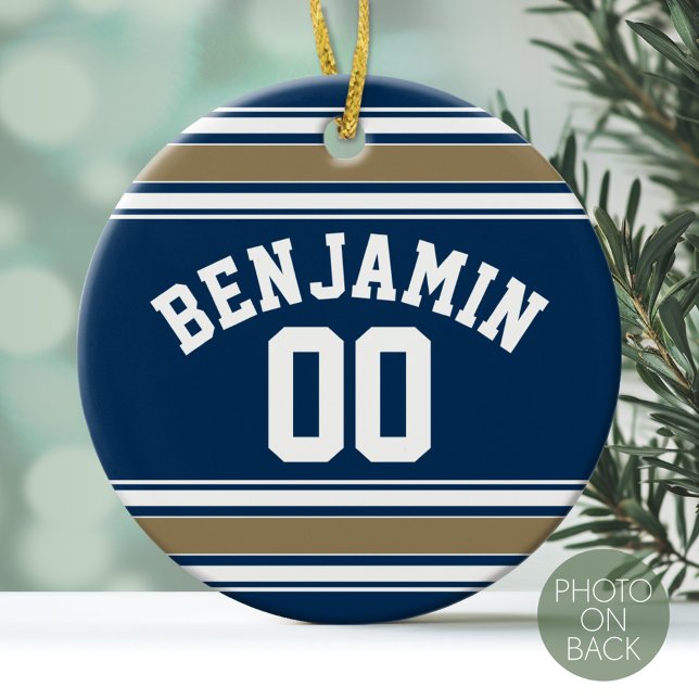 Adorno De Cerámica Football Jersey Navy Blue Gold Stripes Número de n (Personalized Christmas Photo Ornament - Football Sorts Jersey Stripes)
