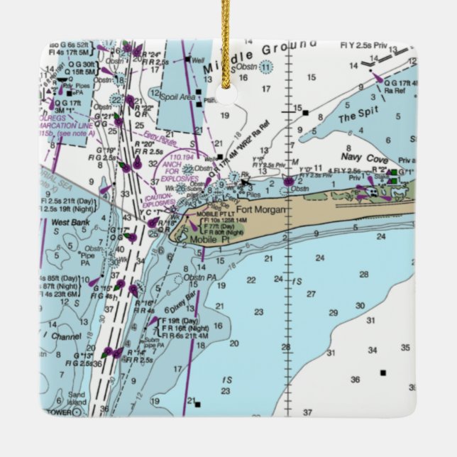 Adorno De Cerámica Fort Morgan AL Nautical Chart (Reverso)