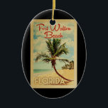 Adorno De Cerámica Fort Walton Beach Palm Tree Vintage Travel<br><div class="desc">Un diseño de arte retro único de mediados de siglo moderno Fort Walton Beach Florida con un estilo poster de viajes vintage. Cuenta con una palmera curvada en una playa de arena con el océano bajo un cielo azul turbio.</div>