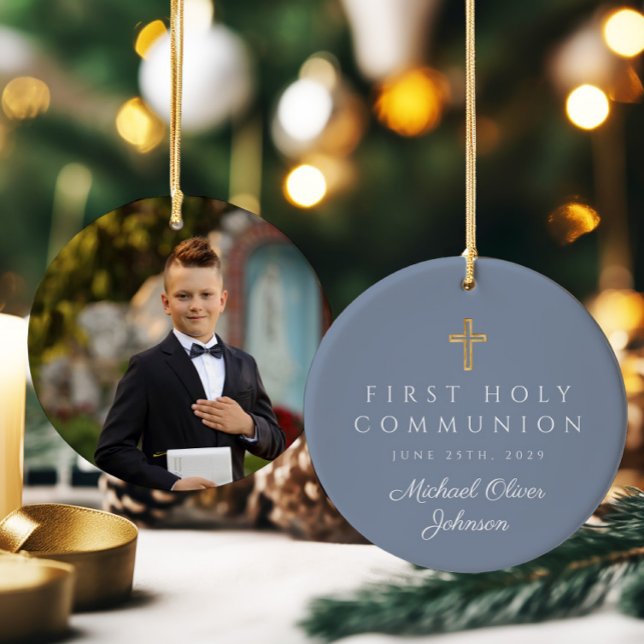Adorno De Cerámica Foto azul Cruz religiosa Primera Comunión (Blue Photo Religious Cross Boy First Communion Ceramic Ornament)