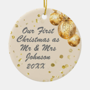 Adorno De Cerámica Foto beige dorado primera Navidad Sr Sra