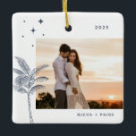 Adorno De Cerámica Foto Bohemian Beach Palm Tree<br><div class="desc">Palmeras y estrellas de playa bohemias,  adorno de fotos de vacaciones en azul polvoriento rústico.</div>