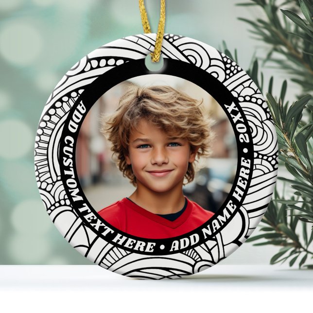 Adorno De Cerámica Foto - Borde abstracto blanco negro - Texto retro (Personalized Photo Ornament)