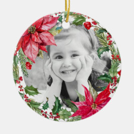 Adorno De Cerámica Foto Clásica de Feliz Navidad con Poinsettia