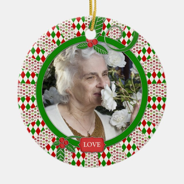 Adorno De Cerámica Foto conmemorativa Navidades únicos verdes rojos (Frente)