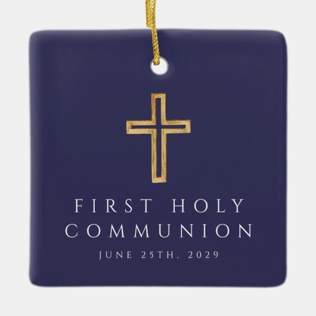 Adorno De Cerámica Foto: Cruz religiosa Azul Primera Comunión (Anverso)