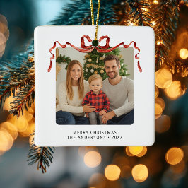 Adorno De Cerámica Foto cuadrada de Navidad con lazo rojo