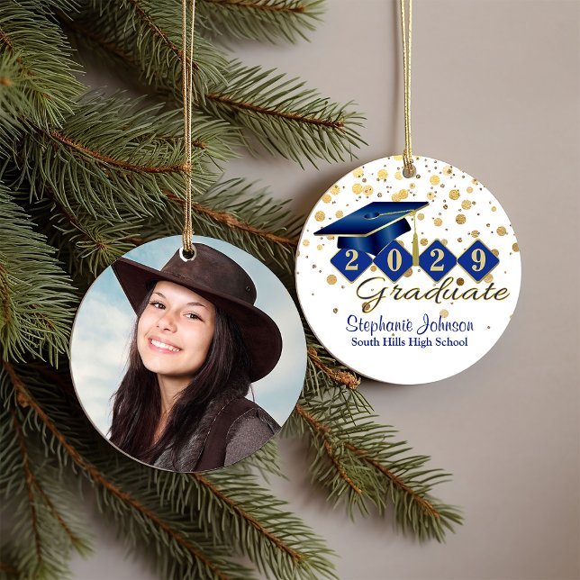 Adorno De Cerámica Foto de 20xx Blue y Gold de graduación (Graduation Blue and Gold Photo Ceramic Ornament)