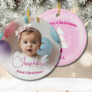 Adorno De Cerámica Foto de Babys FIrst Christmas Tree Pink Stars