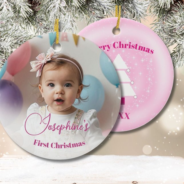 Adorno De Cerámica Foto de Babys FIrst Christmas Tree Pink Stars (Subido por el creador)