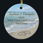 Adorno De Cerámica Foto de Back First Christmas Together Beach<br><div class="desc">¡Añade tu foto atrás! Recuerde una boda en la playa o una luna de miel con este adorno de boda. La primera Navidad junto con dos corazones de boda de playa entrelazados en la arena hacen un elegante boda de temática náutica de la costa del océano tropical, que combina un...</div>