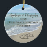 Adorno De Cerámica Foto de Back First Christmas Together Beach<br><div class="desc">¡Añade tu foto atrás! Recuerde una boda en la playa o una luna de miel con este adorno de boda. La primera Navidad junto con dos corazones de boda de playa entrelazados en la arena hacen un elegante boda de temática náutica de la costa del océano tropical, que combina un...</div>