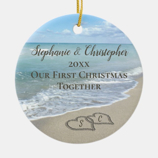 Adorno De Cerámica Foto de Back First Christmas Together Beach (Frente)