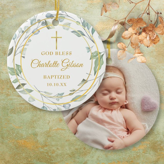 Adorno De Cerámica Foto de bautismo Chica Gold Boy de Verdor Personal (Personalized Greenery Gold Boy Girl Baptism Photo Ceramic Ornament)