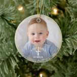 Adorno De Cerámica Foto de bautismo de guirnalda azul de la marina Pu<br><div class="desc">Purpurina de oro Navy Blue Wreath Baptism Foto Ornamento cerámico</div>