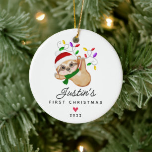 Adorno De Cerámica Foto de bebé sloth niño en su primera Navidad a 2