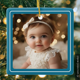 Adorno De Cerámica Foto de bebé Teal Navidad moderna Escritura Blanca