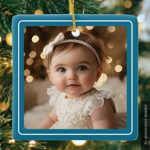 Adorno De Cerámica Foto de bebé Teal Navidad moderna Escritura Blanca