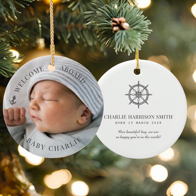 Adorno De Cerámica Foto de bienvenida para bebé ("Welcome Aboard" personalized baby photo Christmas Ornament )