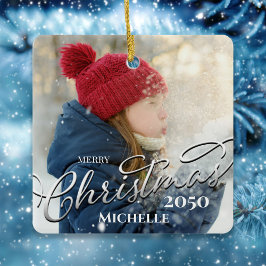 Adorno De Cerámica Foto de Blue Plaid de la Marina navideña de Feliz 