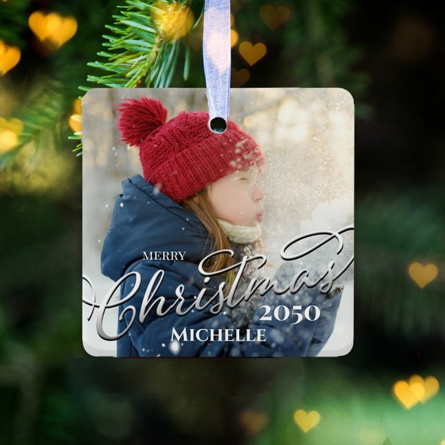 Adorno De Cerámica Foto de Blue Plaid de la Marina navideña de Feliz  (Merry Christmas holiday silver calligraphy script photo ceramic square ornament)
