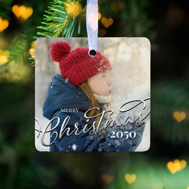 Adorno De Cerámica Foto de Blue Plaid de la Marina navideña de Feliz  (Merry Christmas holiday silver calligraphy script photo ceramic square ornament)