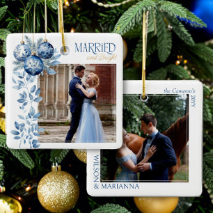 Adorno De Cerámica Foto de boda Married & Bright 2 Square