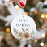 Adorno De Cerámica Foto de Boho de la Primera Navidad<br><div class="desc">Nuevo Ornamento De Navidad Para El Boho De Navidad. Personalizar tu ornamento haciendo clic en Personalizar. Cambie la foto,  el nombre y el saludo para agregar su toque personal. Artículos coincidentes en el diseño del Fiesta Cava de nuestra tienda</div>