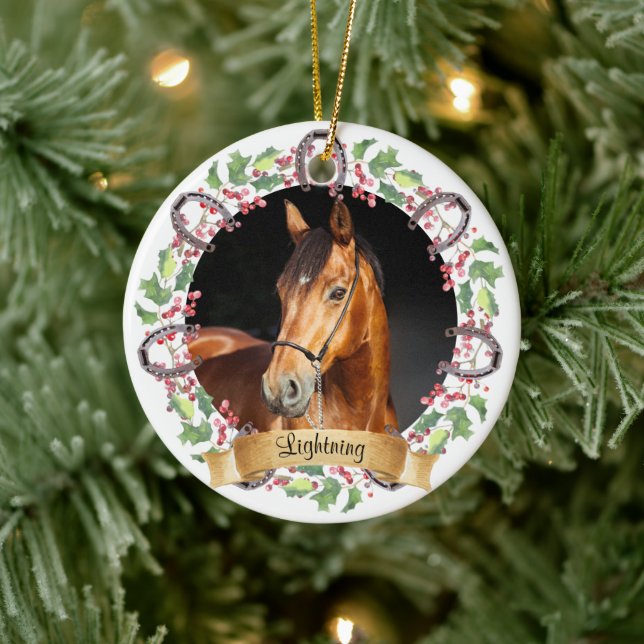 Adorno De Cerámica Foto de caballo de Navidad personalizada (Árbol)