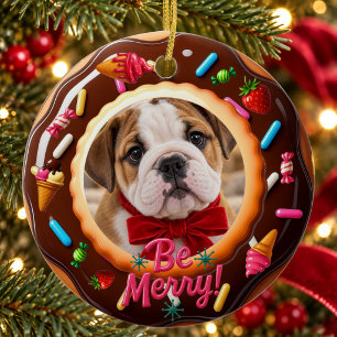 Adorno De Cerámica Foto de cachorro con donut de chocolate Be Merry