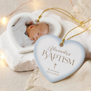 Adorno De Cerámica Foto de Corazón Azul de Bautizo de Niño Elegante c