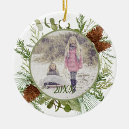 Adorno De Cerámica Foto de doble cara de Winter Greenery Watercolor