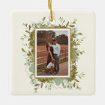 Adorno De Cerámica Foto de Eucalyptus Boda<br><div class="desc">Un hermoso regalo esta temporada de fiestas. Este adorno navideño de eucalipto de bonito se puede personalizar fácilmente con una foto especial y un monograma.</div>
