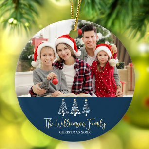 Adorno De Cerámica Foto de familia de Navidad azul con árboles capric
