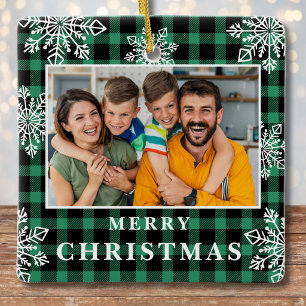 Adorno De Cerámica Foto de familia de Navidad en cuadros verdes con c