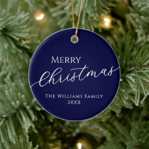 Adorno De Cerámica Foto de familia de Navidad personalizada azul mari