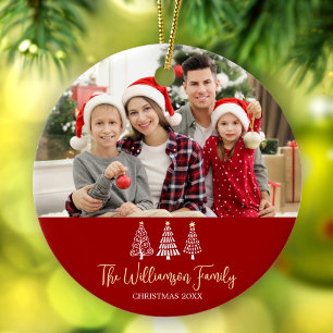Adorno De Cerámica Foto de familia de Navidad roja con árboles capric