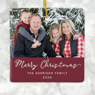 Adorno De Cerámica Foto de Familia Moderna Burgundy Feliz Navidad
