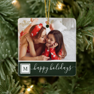 Adorno De Cerámica Foto de Felices Fiestas con Monograma Moderno Verd