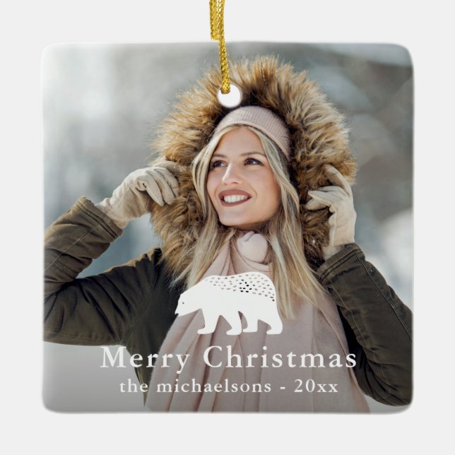 Adorno De Cerámica Foto de feriado de Navidades de oso blanco rustico (Anverso)