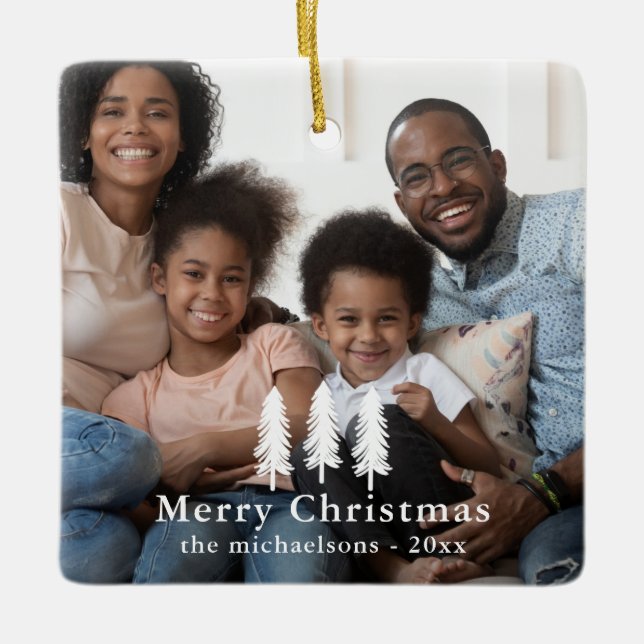 Adorno De Cerámica Foto de feriado de Navidades de pinos blancos ruso (Anverso)