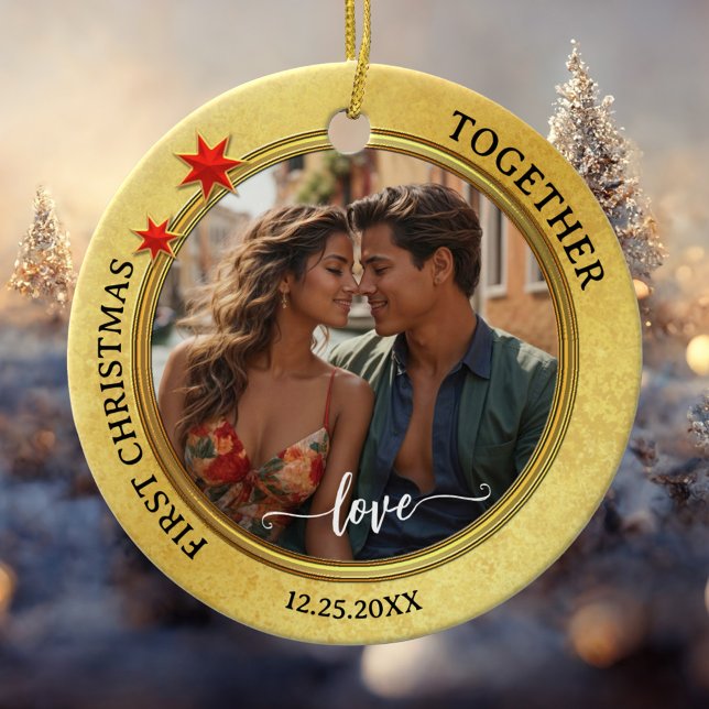 Adorno De Cerámica Foto de First Christmas Together Gold Star (Christmas ornament featuring your photo framed by an elegant gold metallic design with red stars)